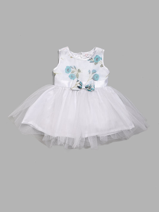 HOP Baby White Floral Printed Bow Accent Fit & Flare Dress