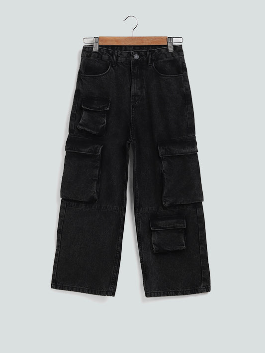 Buy Nuon Solid Black High-Waisted Cargo Jeans from Westside