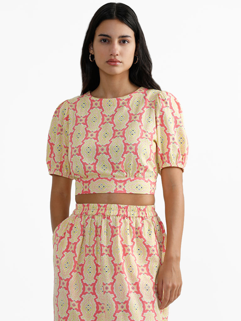 Buy Bombay Paisley Lime Ikat Printed Back Tie-Up Crop Top from