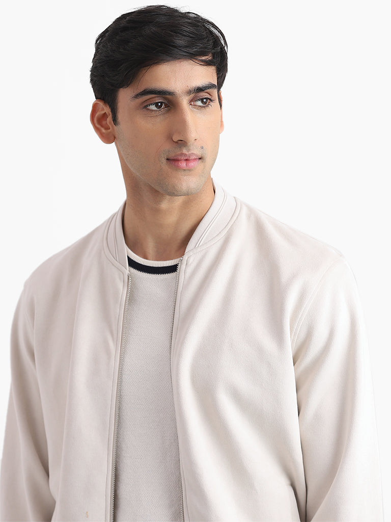 Ascot by Westside Ribbed Front Open Off-White Relaxed Fit Jacket