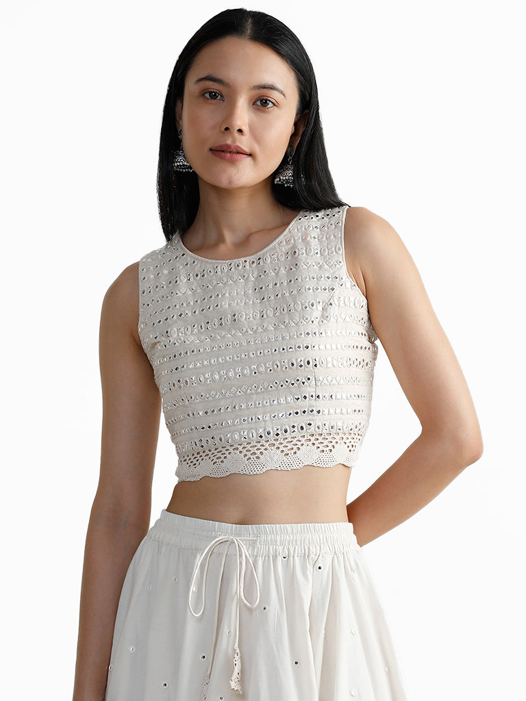 Buy Utsa Off-White Mirror Embroidered Crop Blouse from Westside