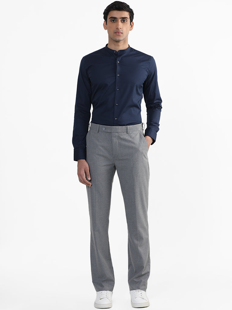 WES Formals Plain Indigo Cotton Blend Slim-Fit Shirt