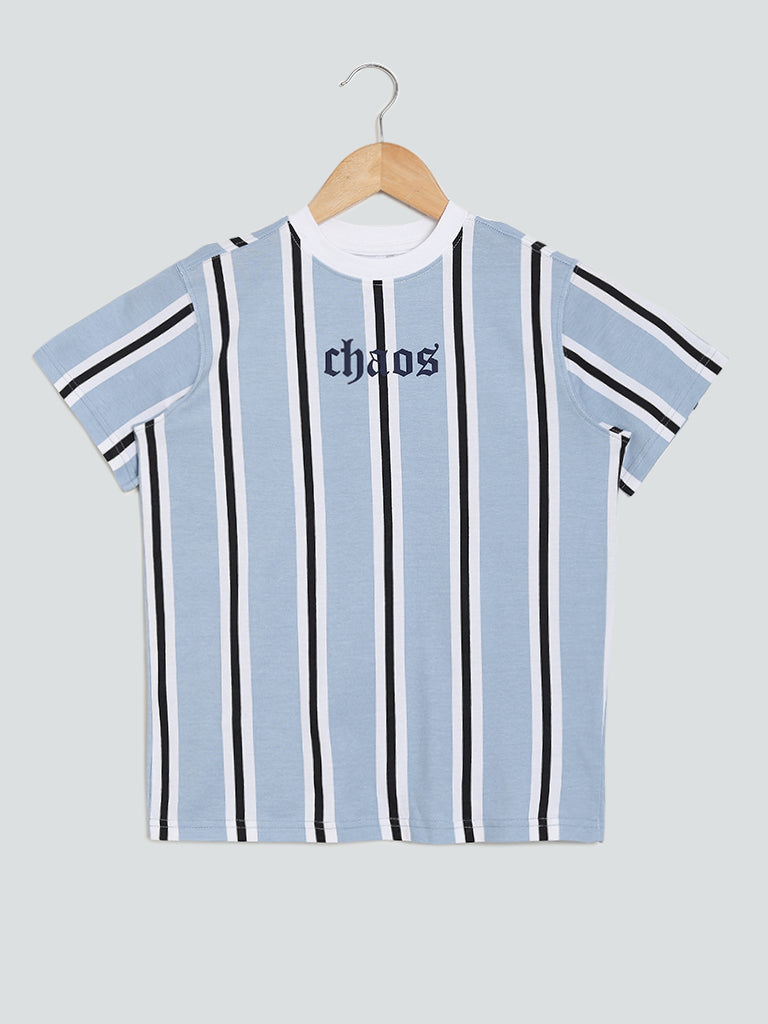 Shop Y&F Striped Sky Blue T-Shirt Online – Westside
