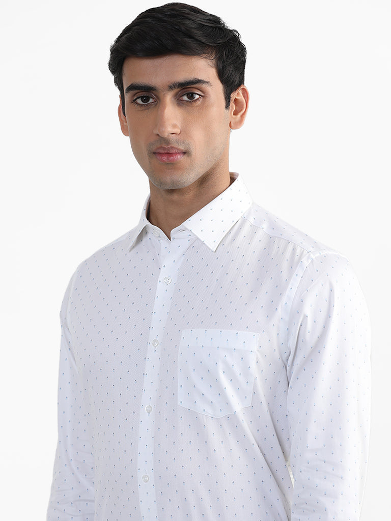 WES Formals White Printed Cotton Slim-Fit Shirt