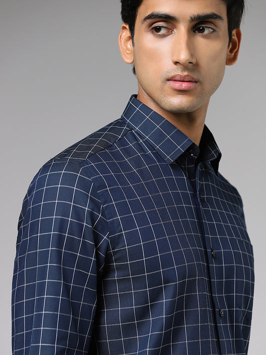 WES Formals Classic Checked Navy Cotton Slim-Fit Shirt