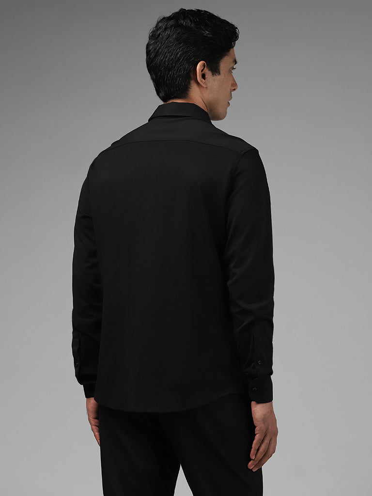 WES Formals Plain Black Cotton Blend Slim-Fit Shirt