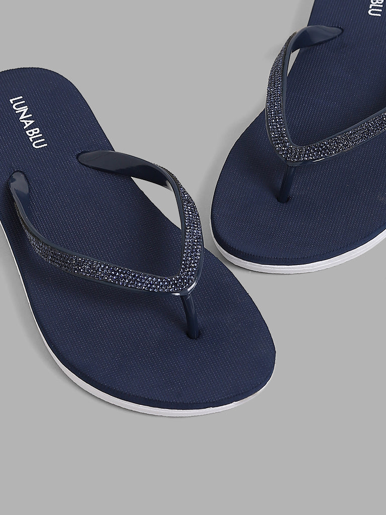 Buy LUNA BLU Navy Embellished Flip Flop from Westside