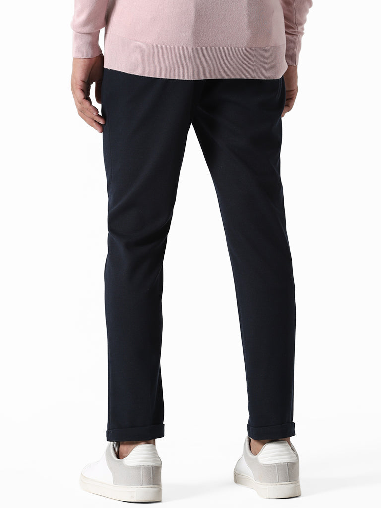 WES Formals Solid Navy Slim-Fit Mid-Rise Trousers
