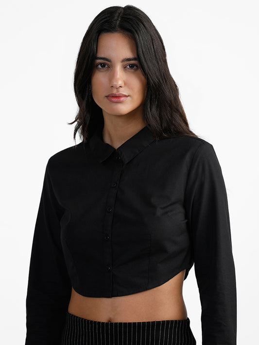 Nuon Black Cotton Crop Shirt