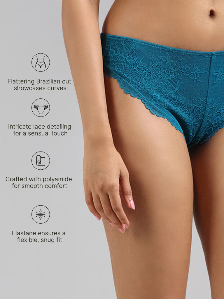 Wunderlove Teal Cotton Blend Lace Insert Brazilian Brief