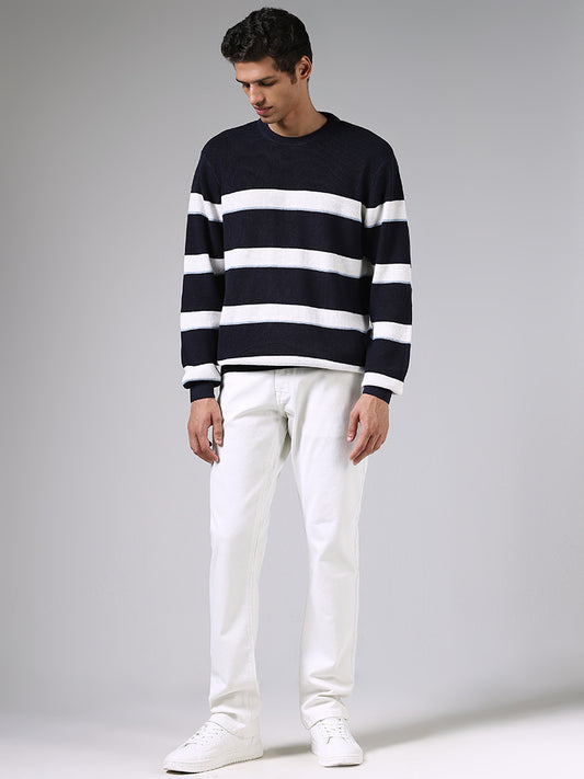 Ascot Navy & White Striped Cotton Relaxed-Fit Sweater