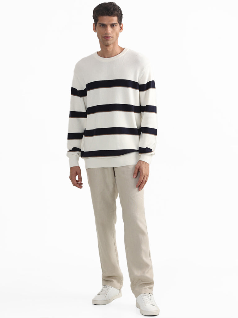 Ascot Striped Off White Crew Neck Cotton Relaxed-Fit Sweater