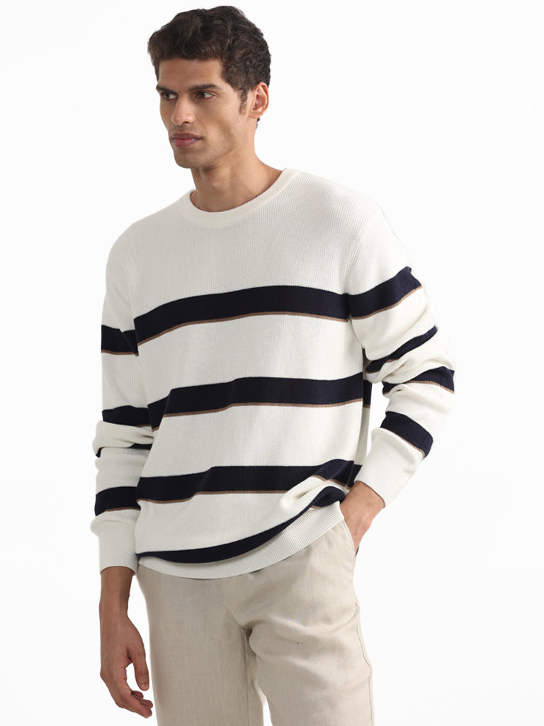 Ascot Striped Off White Crew Neck Cotton Relaxed-Fit Sweater
