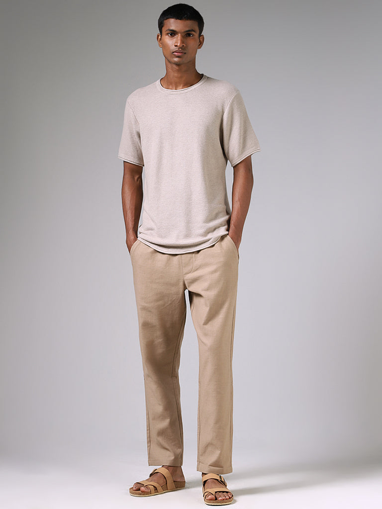 Buy ETA Taupe Melange Knitted Solid Slim Fit T-Shirt from Westside