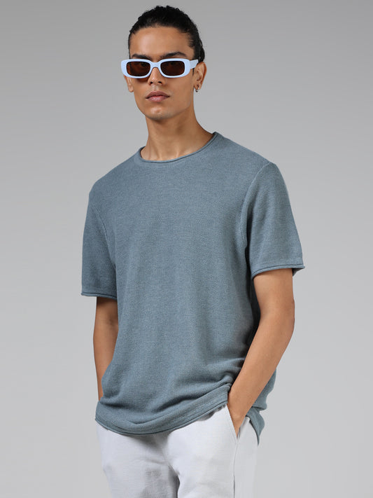 ETA Teal Knitted Solid Slim-Fit T-Shirt