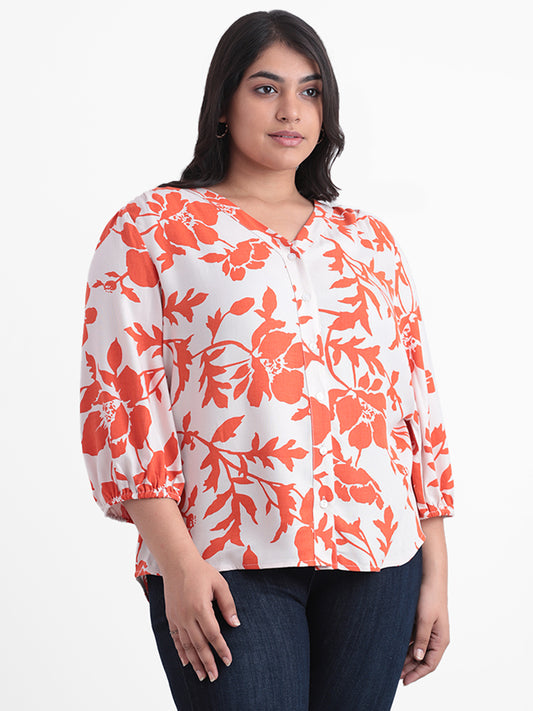 Gia White Printed Floral Relaxed-Fit Blouse