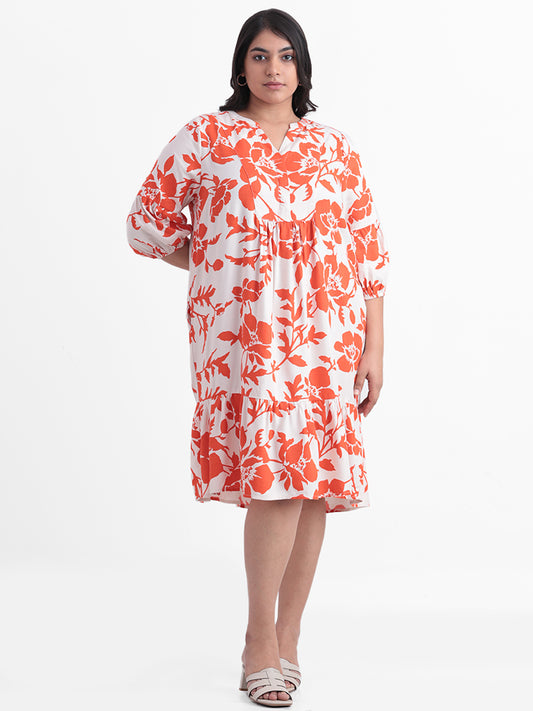 Gia White Printed Floral Relaxed-Fit Tiered Dress