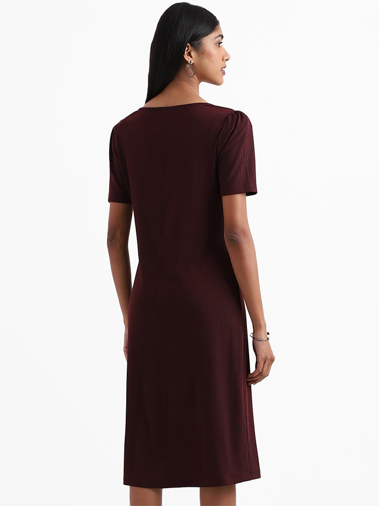 Wardrobe Plain Burgundy Cotton Blend Princess-Cut Dress