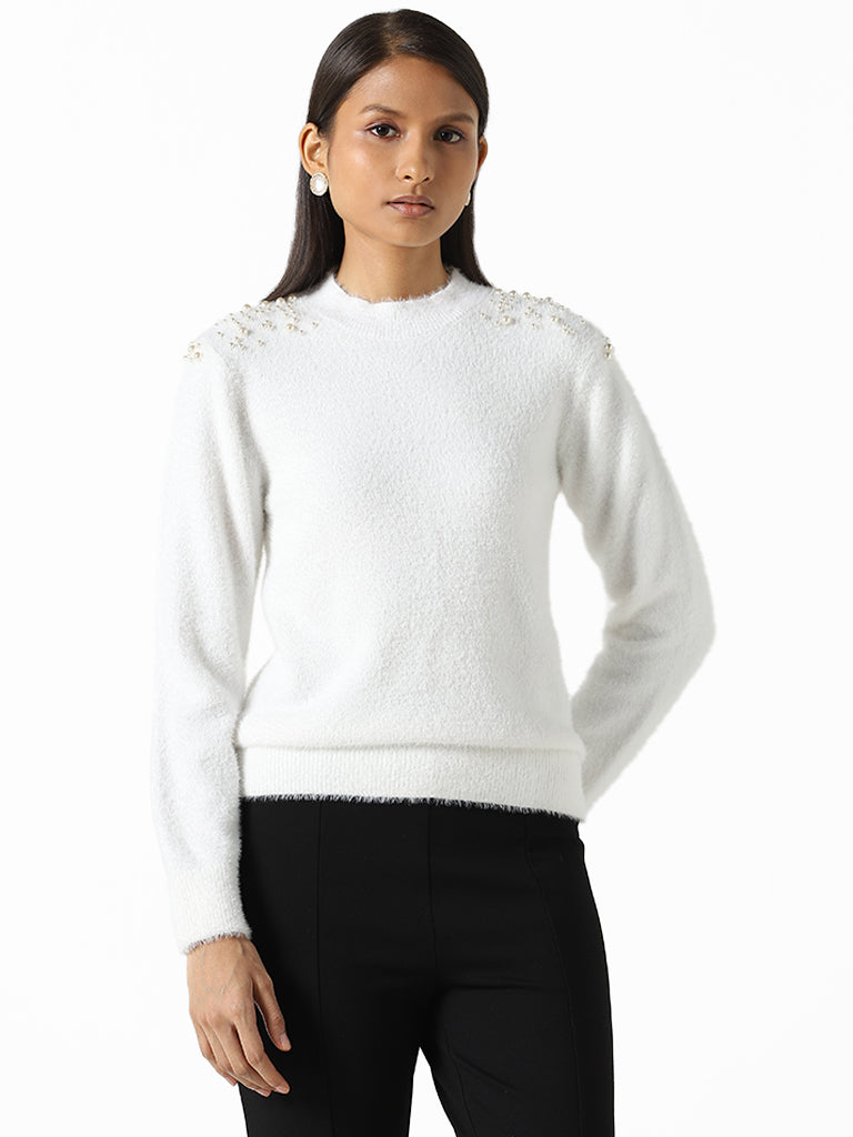 White sweater sale with pearls