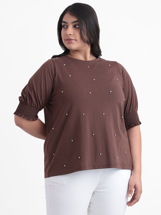 Gia Brown Embroidered Relaxed-Fit T-Shirt
