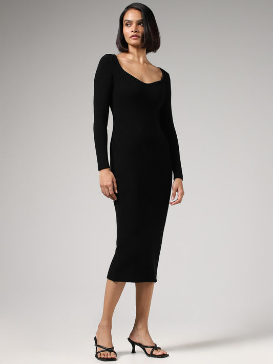 Wardrobe Solid Fitted Black Bodycon Dress