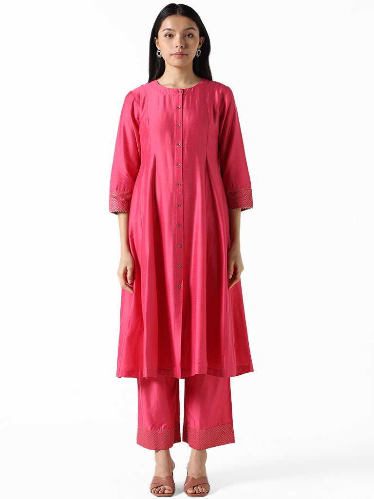 Utsa Fuchsia Pink Embroidered Mid-Rise Salwar