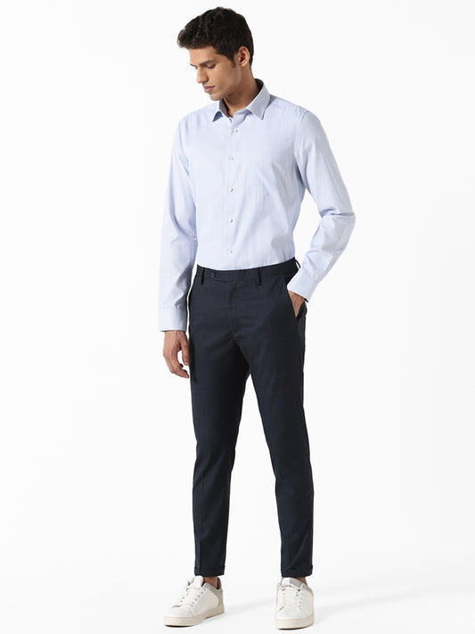 WES Formals Checked Navy Blue Carrot Fit Trousers
