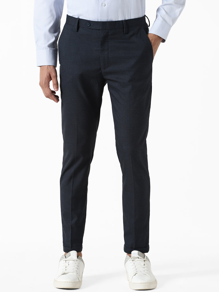 Men Navy Carrot Fit Check Flat Front Formal Trousers | Louis Philippe |  Gandhi Nagar | Jammu