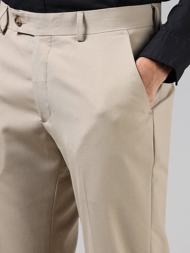 WES Formals Solid Light Khaki Relaxed-Fit Mid-Rise Trousers
