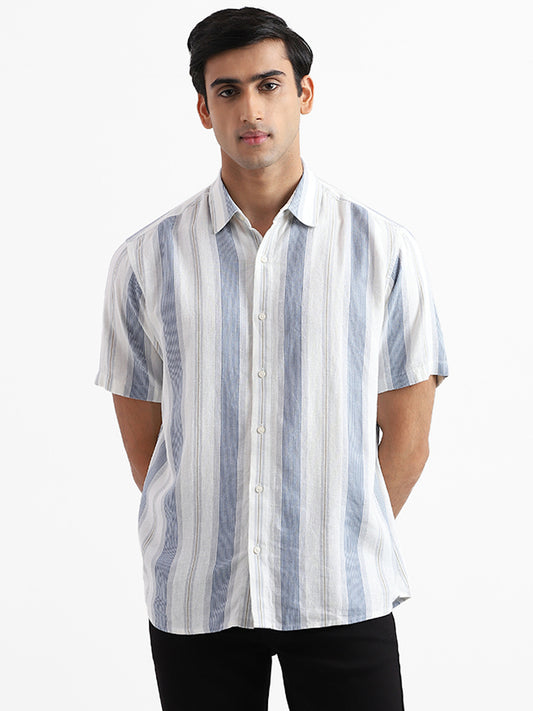 Ascot Block Striped Off White Relaxed-Fit Blended Linen Shirt