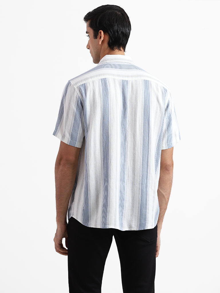 Ascot Block Striped Off White Relaxed-Fit Blended Linen Shirt