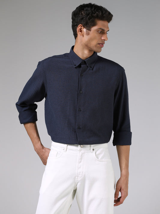 Ascot Mid Blue Textured Cotton Relaxed-Fit Shirt