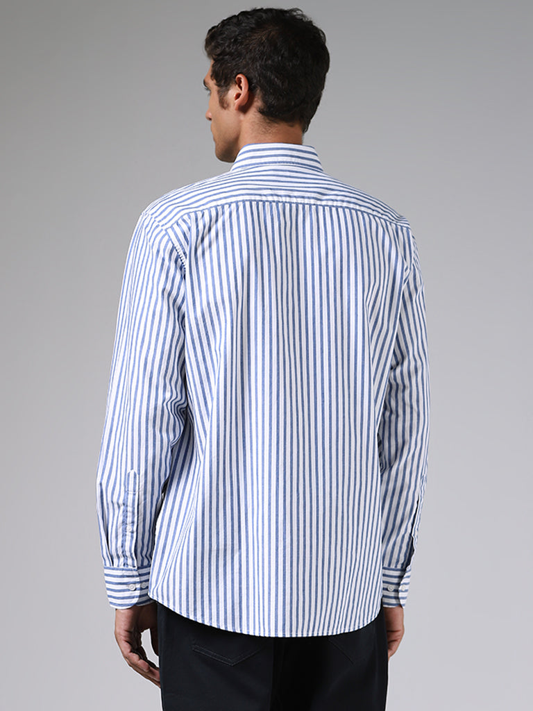 Ascot White and Blue Striped Cotton Relaxed-Fit Shirt