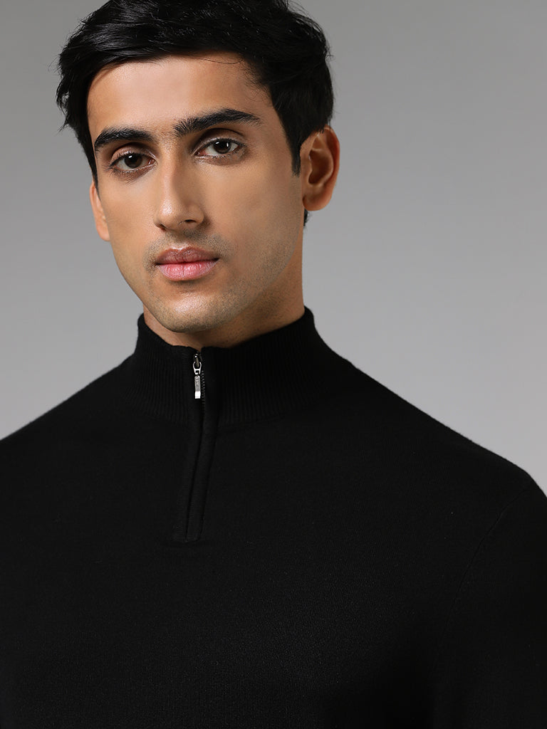WES Formals Black Slim-Fit High-Top Zipper Sweater