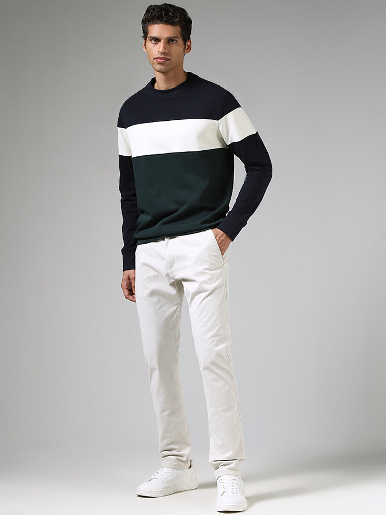 WES Casuals Navy & Emerald Green Colour Blocked Relaxed-Fit Sweatshirt