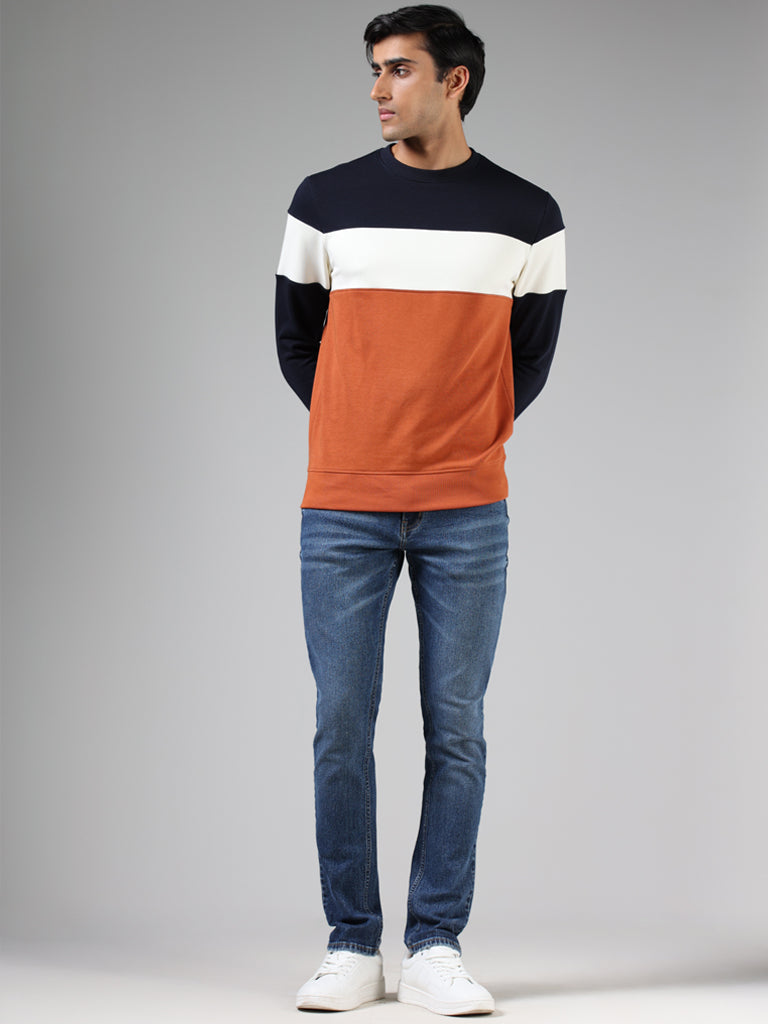 WES Casuals Navy & Rust Colorblock Cotton Blend Relaxed-Fit Sweatshirt