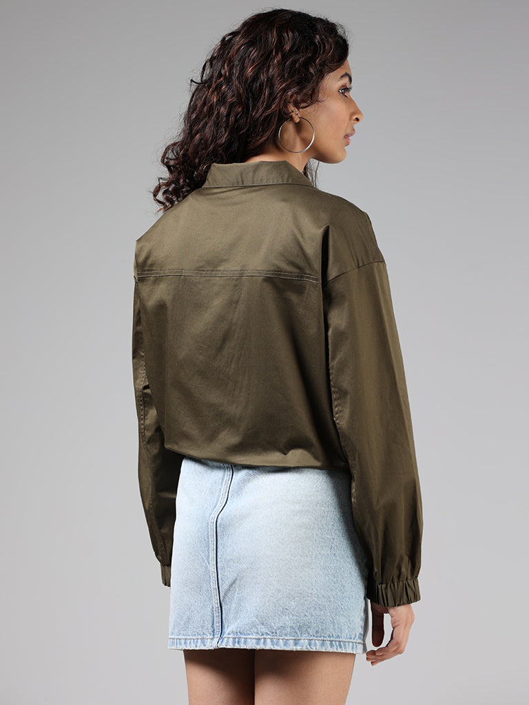 Nuon Solid Olive Snap-Buttoned Jacket