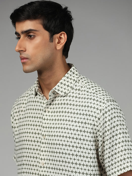 Ascot Sage Geometric Printed Relaxed-Fit Blended Linen Shirt