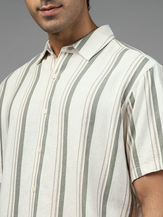 Ascot Striped Relaxed-Fit Off White Blended Linen Shirt