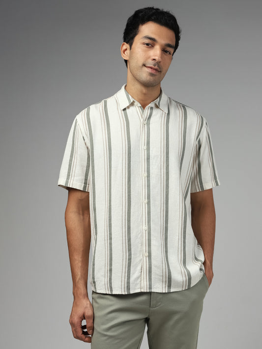 Ascot Striped Relaxed-Fit Off White Blended Linen Shirt
