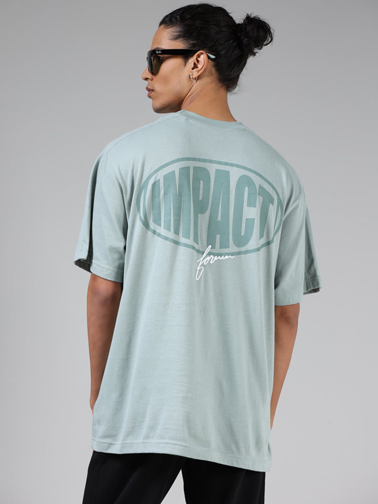 Studiofit Seafoam Green Typographic Cotton Relaxed-Fit T-Shirt