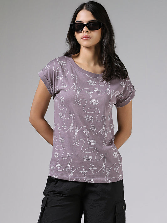 Studiofit Half Face Printed Mauve Cotton T-Shirt