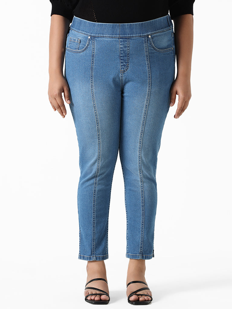 Gia Solid Blue Denim Straight - Fit Mid - Rise Jeggings
