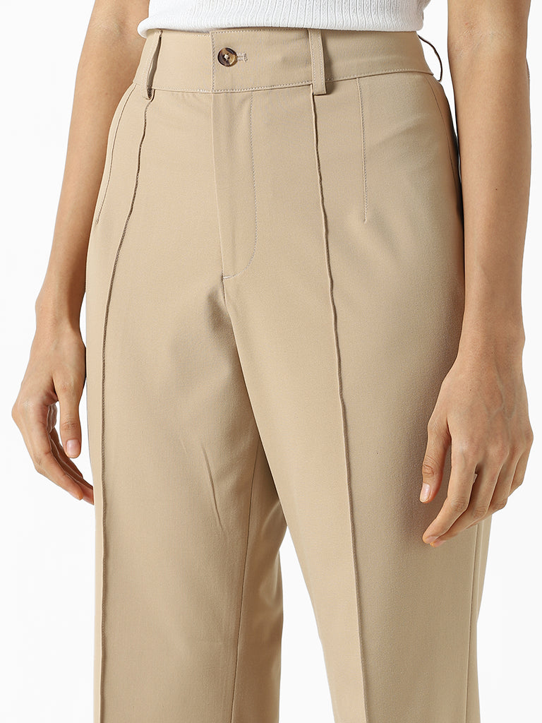 Buy Wardrobe Solid Khaki Seam Detail Trousers from Westside