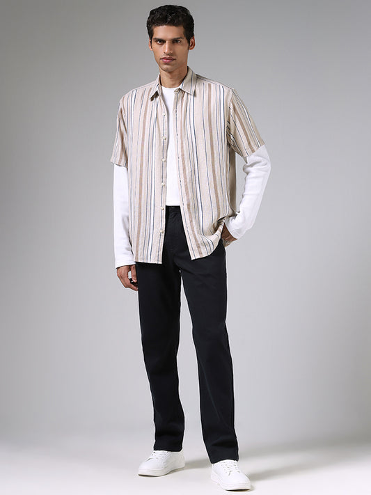 Ascot Beige Striped Relaxed-Fit Blended Linen Shirt
