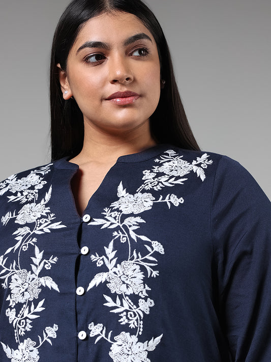 Gia Navy Floral Embroidered Blended Linen Top