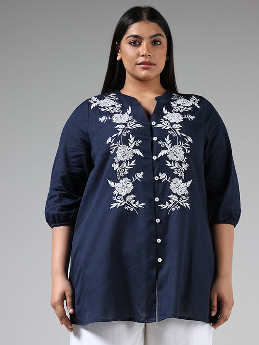 Gia Navy Floral Embroidered Blended Linen Top