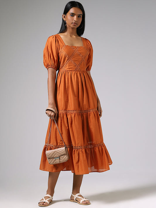 LOV Orange Lace Insert Tiered Dress