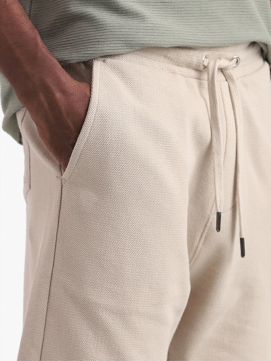 ETA Beige Solid Cotton Slim-Fit Mid-Rise Shorts