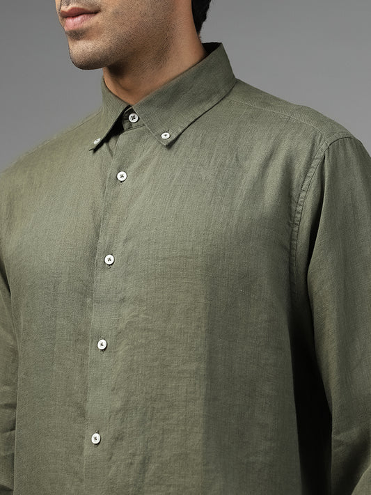 Ascot Solid Olive Green Relaxed Fit Linen Shirt